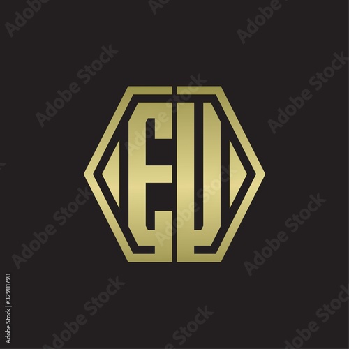 EU Logo monogram with hexagon line rounded design template with gold colors