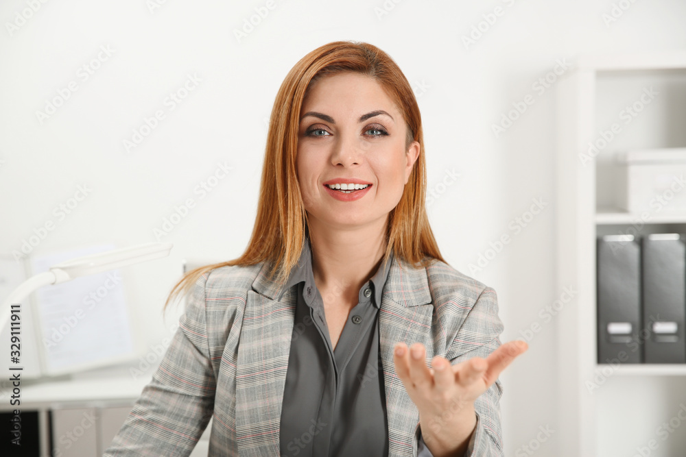 Happy woman using video chat in modern office, view from web camera Happy woman using video chat in modern office, view from web camera