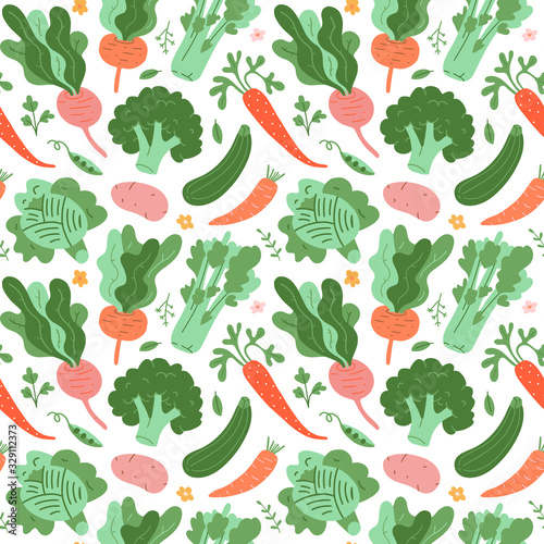 Vegetables pattern, doodle veggies, hand drawn illustrations of carrot, broccoli, beet root and cabbage. Flat trendy cartoon style, vector texture, vegetable background for kitchen textile