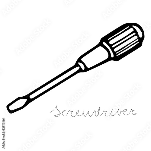 Hand-draw black vector illustration of metallic locksmith tool isolated on a white background with lettering screwdriver