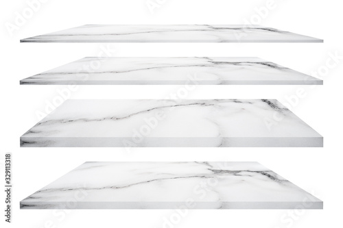 Isolated collection of perspective luxury white marble shelves on white background use for showing product advertisement. Clipping path.