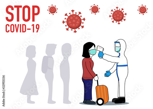 Temperature thermometer covid-19 checkpoint,people in the line to scan coronavirus by officer at the checkpoint, stop virus outbreak concept, Check body temperature before entering public area