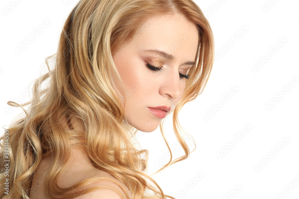 Portrait of beautiful woman with long blonde hair on white background Portrait of beautiful woman with long blonde hair on white background