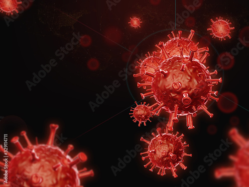 Coronavirus disease COVID-19 infection 3D medical illustration. Floating China pathogen respiratory influenza covid virus cells.