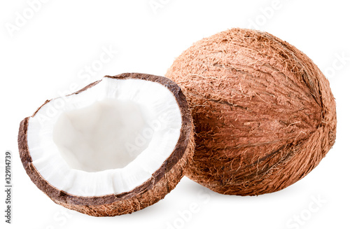 Coconut and half close-up on a white background. Isolated