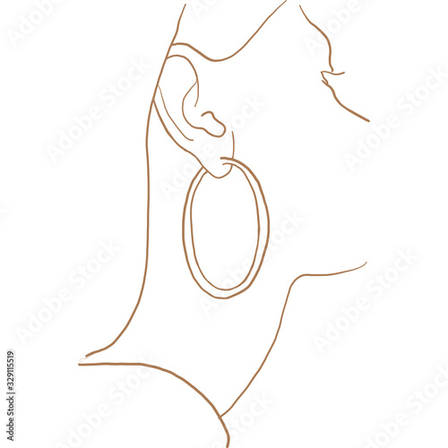 Valokuvatapetti Continuous line, drawing of beauty woman face with earring , fashion concept, woman beauty minimalist, vector illustration for t-shirt slogan design print graphics style