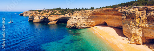 Corredoura Beach, sighted viewpoint on the trail of the Seven Suspended Valleys (Sete Vales Suspensos). Praia da Corredoura near Benagil village, District Faro, Algarve, Southern Portugal.