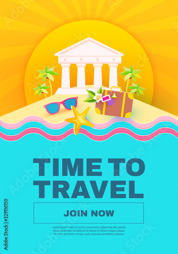 Summer vacation. Time to travel. Tourism flyer templatr with antique temple, plane, suitcase and sun. Museum poster.