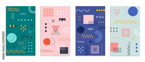 Abstract memphis geometric shapes on cards. Minimal poster for covers in social stories. Design elements in 80s memphis geometric style. Geometry banner in retro style. Abstract background. vector.