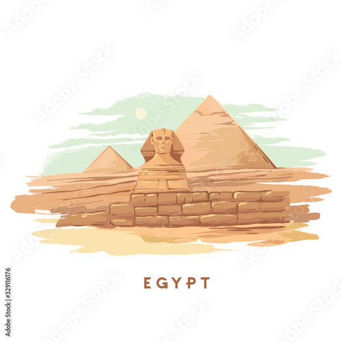 Colorful hand-drawn vector illustrations of the pyramid of Giza, Sphinx, Egypt hand-drawn in a white background.