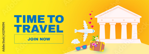 Summer vacation. Time to travel. Tourism flyer templatr with antique temple, plane, suitcase and sun. Museum poster.