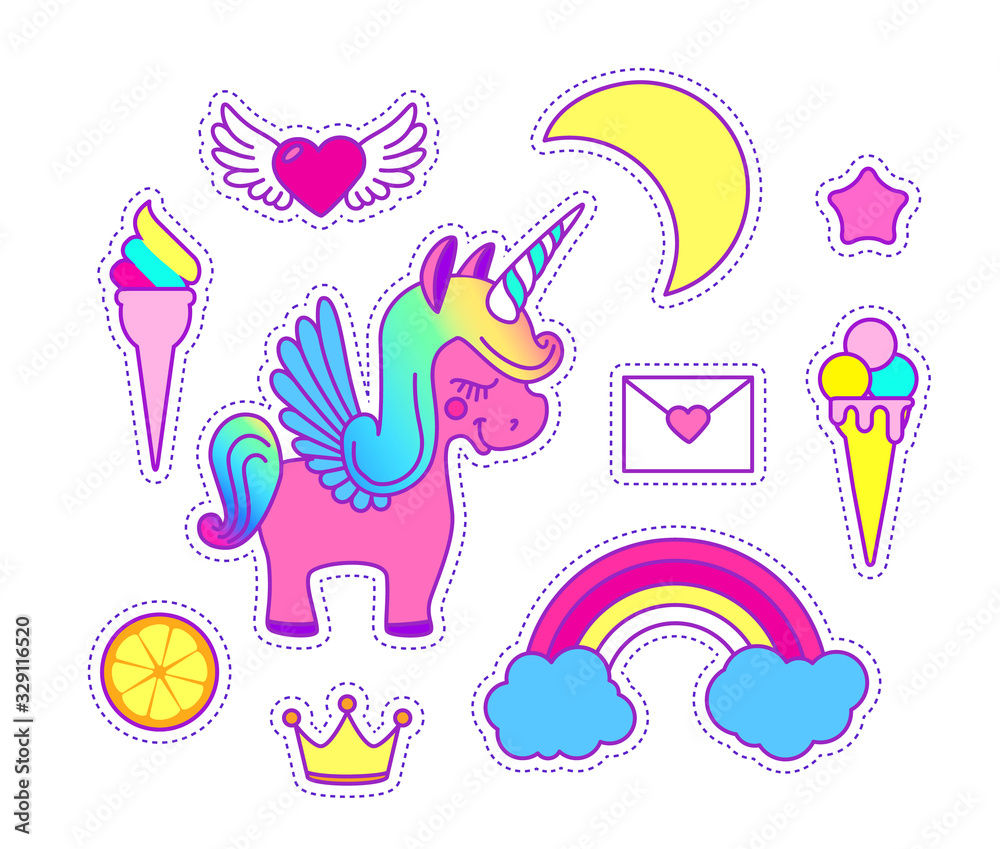 Unicorn sticker set. Cute children collection with cloud, stars, wings, heart, speach bubble, orange, crown, cake, rainbow and magic. Unicorn sticker set. Cute children collection with cloud, stars, wings, heart, speach bubble, orange, crown, cake, rainbow and magic.