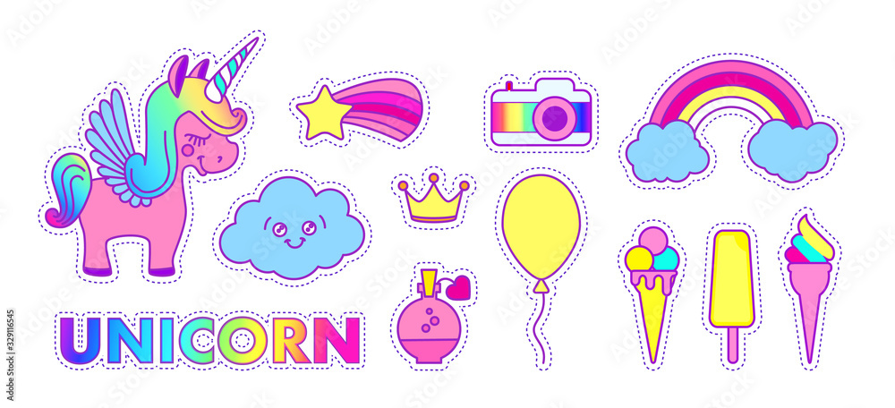 Fototapeta premium Unicorn sticker set. Cute children collection with cloud, stars, wings, heart, speach bubble, orange, crown, cake, rainbow and magic.