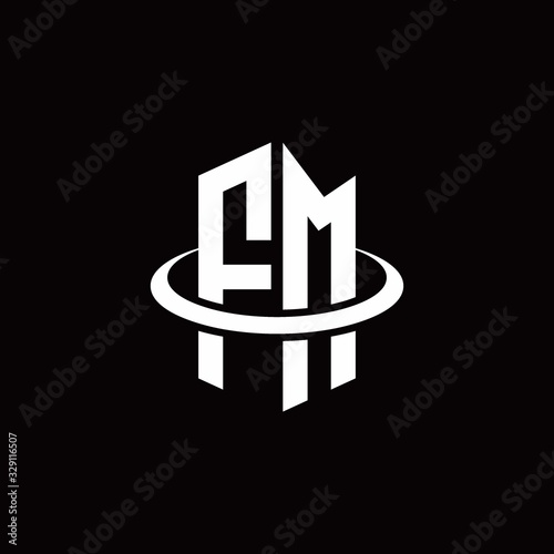 FM monogram logo in a hexagon style and surrounded by a ring