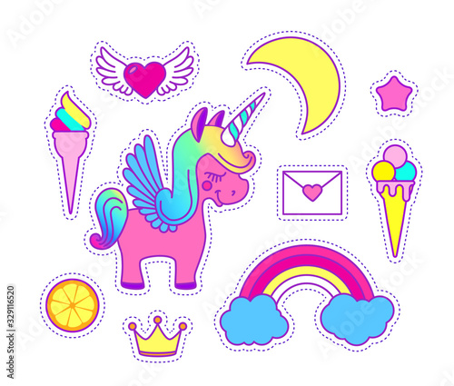 Unicorn sticker set. Cute children collection with cloud, stars, wings, heart, speach bubble, orange, crown, cake, rainbow and magic.