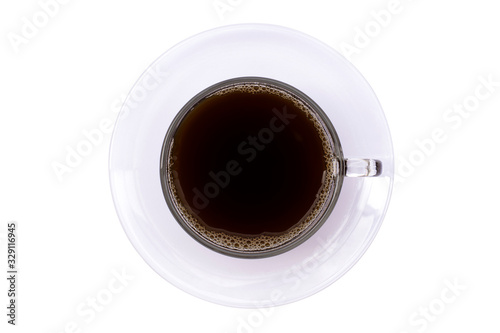 Closeup white cup of brown coffee isolated on white background. Top view. 