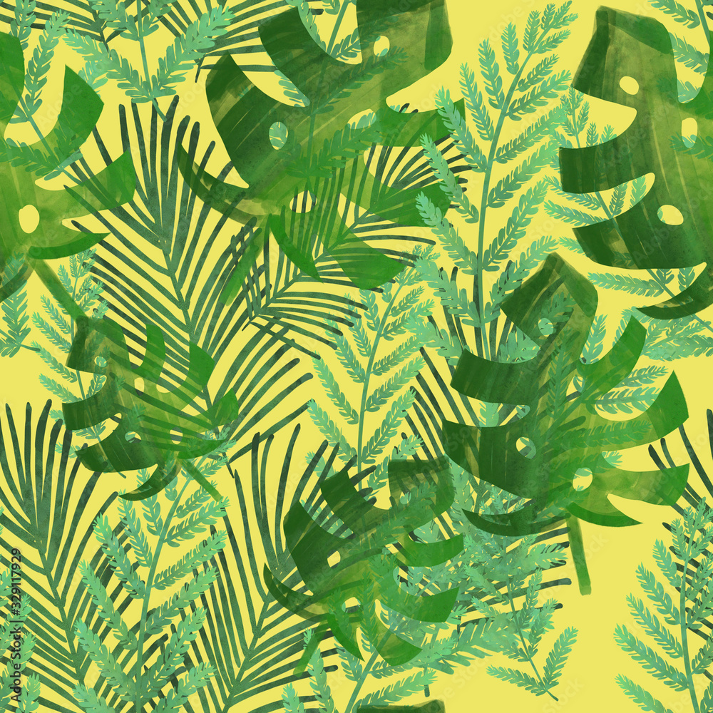 Tropical leaves on yellow background. Palm leaves, monstera, ferns, banana leaves. Summer exotic print. Stationery, beach, packaging, wallpaper, textile, fabric design