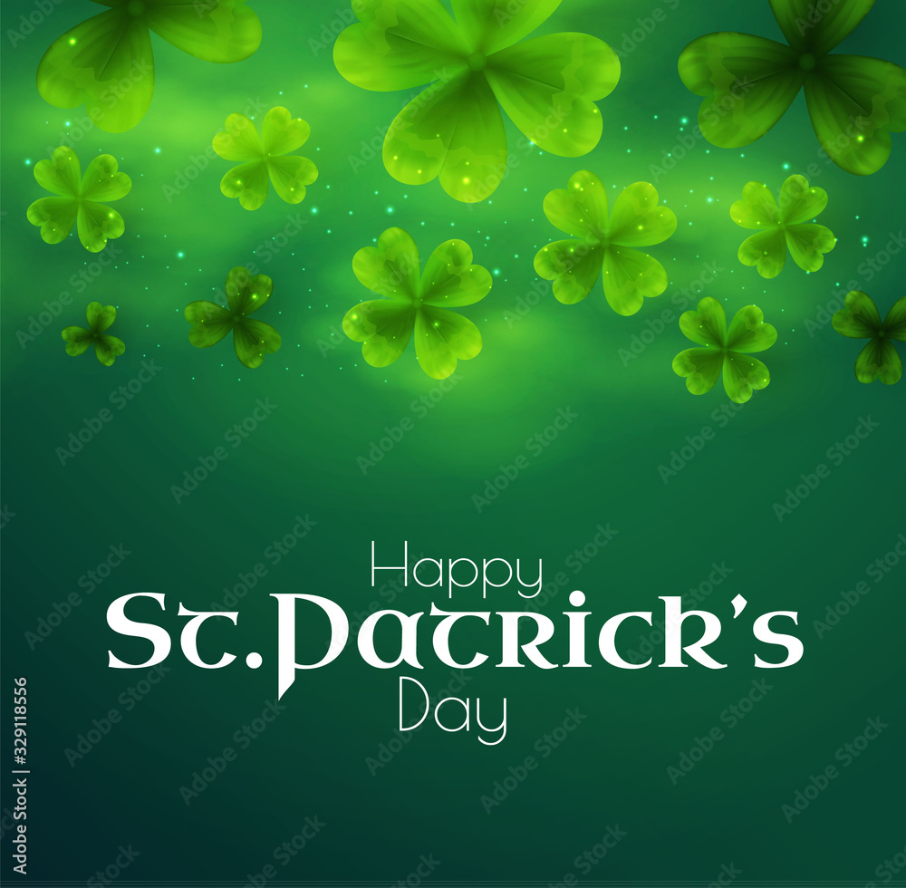 St Patricks Day background with shamrock, lucky clover leaves, lights and blurred fog.