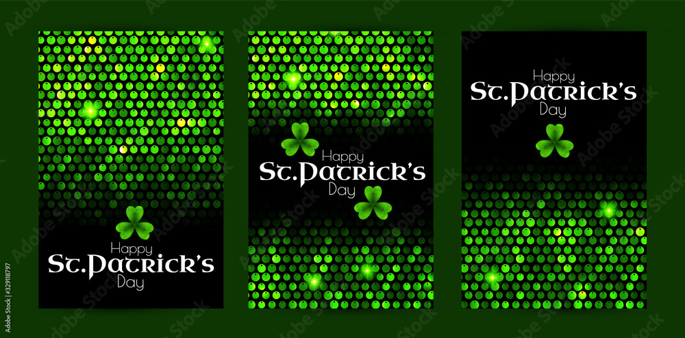 St Patrick s Day green sequins flyer collection with shamrock and light.