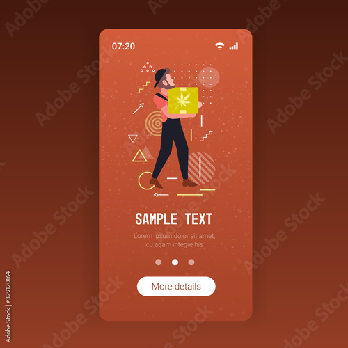 courier holding box with medical marijuana cannabis delivery service drug consumption concept smartphone screen mobile app copy space full length vector illustration