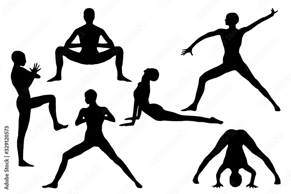 Yoga pose silhouettes set health benefits for body. Clip art on white background 