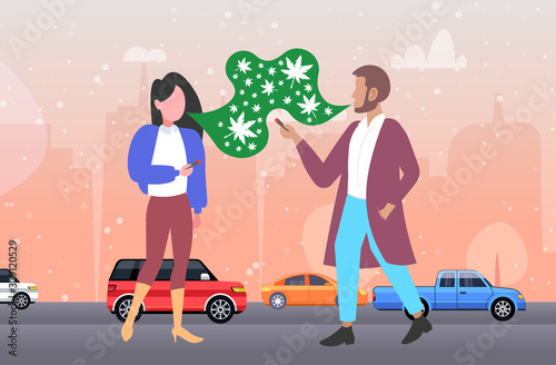 man woman smoking cannabis joint legal marijuana for recreational use drug consumption concept smoke cloud green leaves cityscape background horizontal full length vector illustration