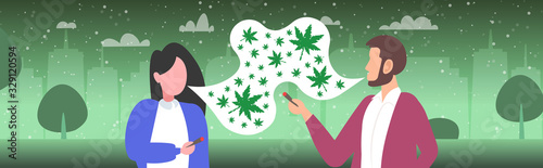 man woman smoking cannabis joint legal marijuana for recreational use drug consumption concept smoke cloud green leaves cityscape background horizontal portrait vector illustration