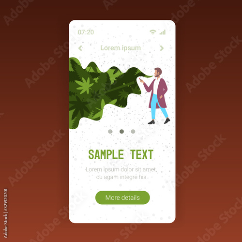 man smoking cannabis joint legal marijuana for recreational use drug consumption concept smoke cloud green leaves background smartphone screen online mobile app copy space full length vector