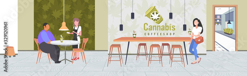 waitres taking order from man customer with cannabis coffee modern cafe shop interior marijuana legalization drugs consumption concept horizontal full length vector illustration