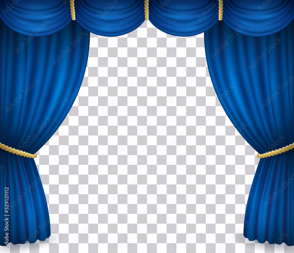 Blue theater stage curtain with drapery. Vector illustration of open velvet drapes with golden cord in cinema, opera, drama performance or show isolated on transparent background - obrazy, fototapety, plakaty 
