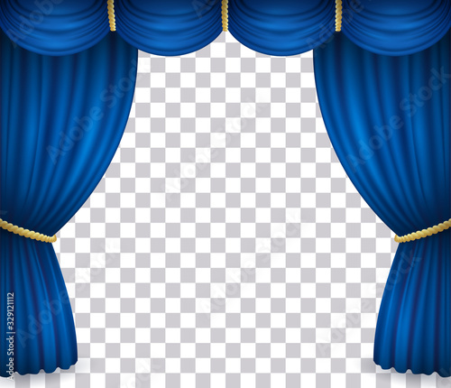 Blue theater stage curtain with drapery. Vector illustration of open velvet drapes with golden cord in cinema, opera, drama performance or show isolated on transparent background