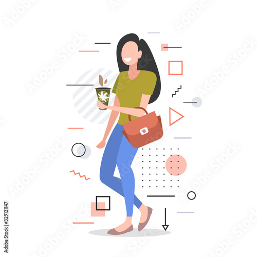 smiling woman drinking cannabis coffee marijuana legalization drugs consumption concept full length vector illustration
