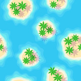 tropical islands with palm trees and azure ocean.  seamless pattern in cartoon style. Texture for fabric, wrapping, wallpaper. Decorative print. Vector illustration
