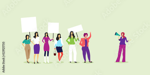 activists protesting holding blank placards feminist demonstration girl power movement rights protection women empowerment concept full length horizontal vector illustration