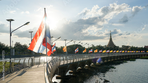 Thailand Flag fly at Bridge Bueng Kaen Nakorn Park. Khonkean,Thailand. The National Flag of Thailand.