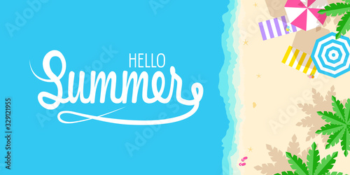 sandy tropical beach with palm trees.  Horizontal banner in cartoon style. Inscription Summer time, place for your text. Vector illustration 