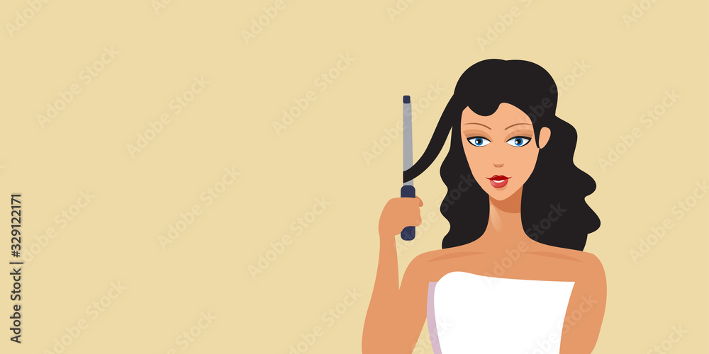 young brunette woman using curling iron for perfect curls hairstyle haidressing concept portrait horizontal vector illustration young brunette woman using curling iron for perfect curls hairstyle haidressing concept portrait horizontal vector illustration