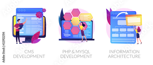 Content management system. Software engineering, database programming. CMS development, PHP MySql development, information architecture metaphors. Vector isolated concept metaphor illustrations.