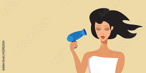young brunette woman drying hair with hairdryer hairstyle concept portrait horizontal vector illustration