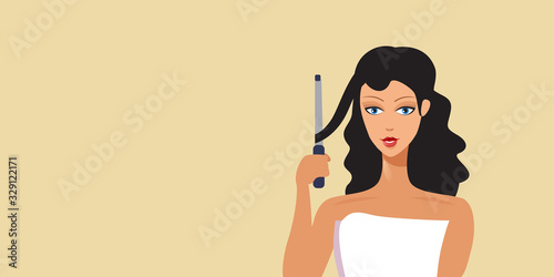 young brunette woman using curling iron for perfect curls hairstyle haidressing concept portrait horizontal vector illustration