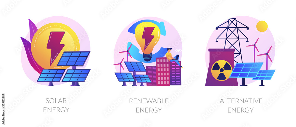 Eco friendly innovations, sustainable technology, solar panels and wind turbines use. Solar energy, renewable energy, alternative energy metaphors. Vector isolated concept metaphor illustrations Eco friendly innovations, sustainable technology, solar panels and wind turbines use. Solar energy, renewable energy, alternative energy metaphors. Vector isolated concept metaphor illustrations