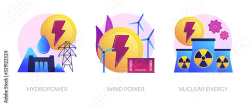 Renewable resources use, environmentally safe technology, industrial power plant icons set. Hydropower, wind power, nuclear energy metaphors. Vector isolated concept metaphor illustrations © Visual Generation