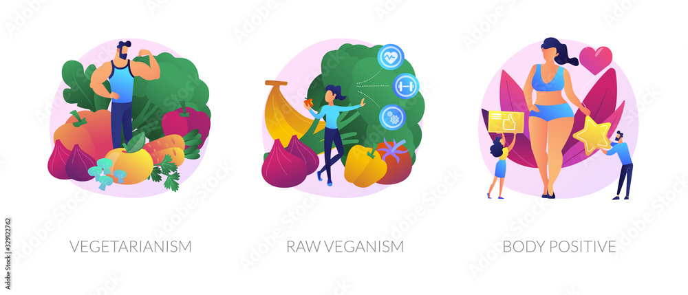 Healthy vegan lifestyle, natural and organic nutrition, self acceptance icons set. Vegetarianism, raw veganism, body positive metaphors. Vector isolated concept metaphor illustrations