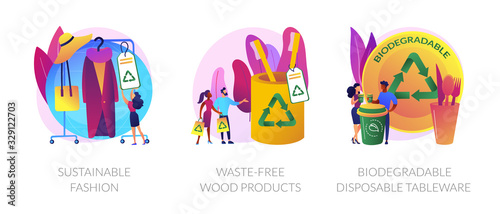 Ecological integrity, eco friendly innovations icons set. Sustainable fashion, waste-free wood products, biodegradable disposable tableware metaphors. Vector isolated concept metaphor illustrations