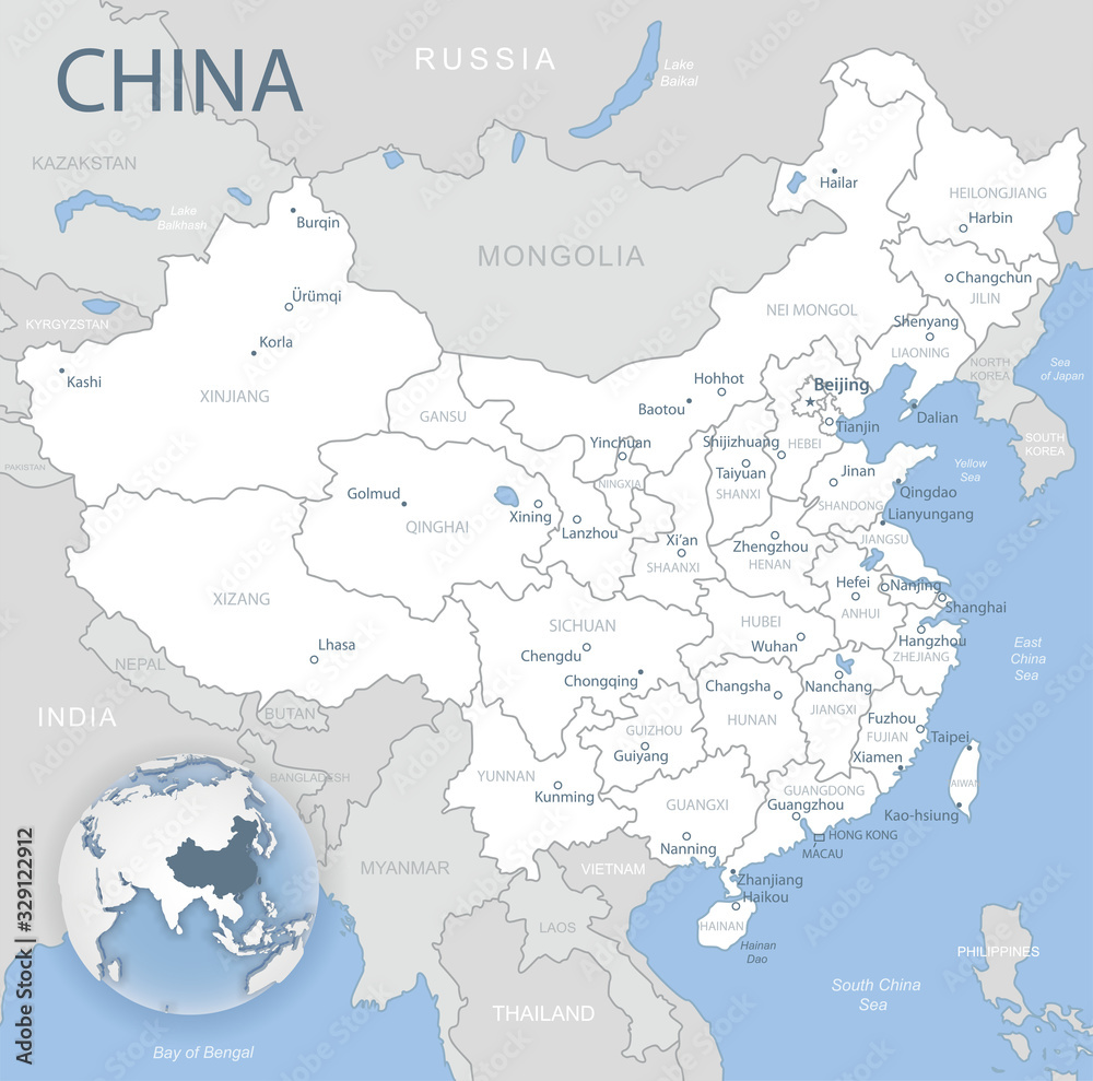 Blue-gray detailed map of China with administrative districts and location on the globe. Vector illustration Blue-gray detailed map of China with administrative districts and location on the globe. Vector illustration