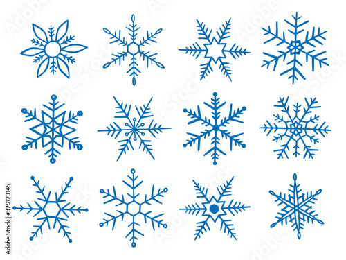 Set blue snowflakes. Food freezing concept. Snowflake doodle style for winter design. Collection hand drawn snowflakes isolated on whit background. Snowflake icon painted. Vector illustration