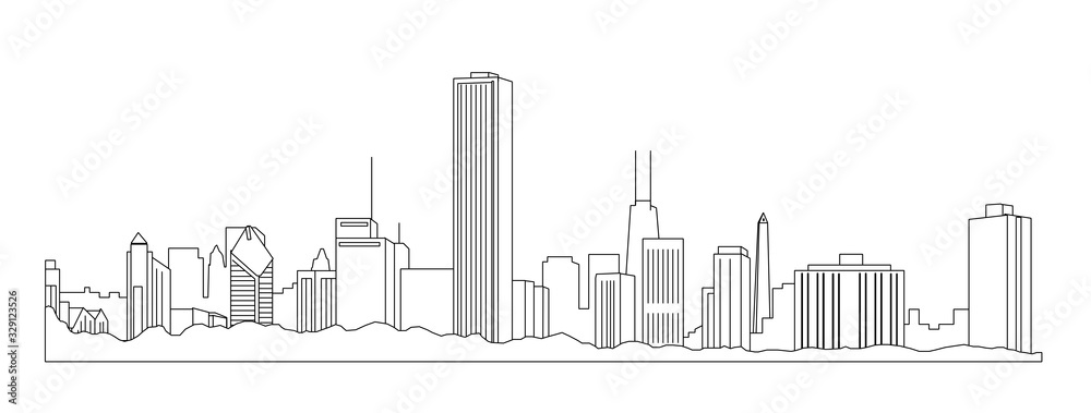 Cityscape skyline with skyscrapers. Tall, large, buildings. 
Black line sketch black and white vector illustration. 
