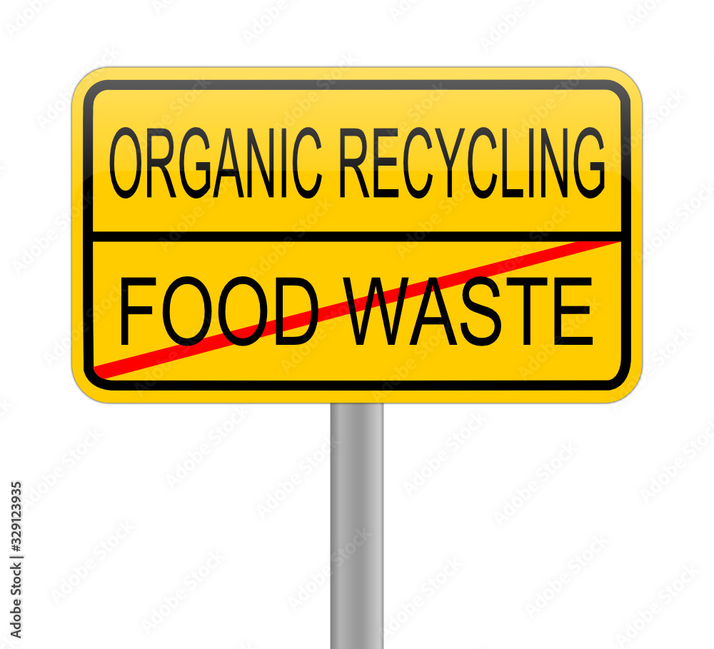 Organic Recycling - Food waste on yellow sign - illustration Organic Recycling - Food waste on yellow sign - illustration