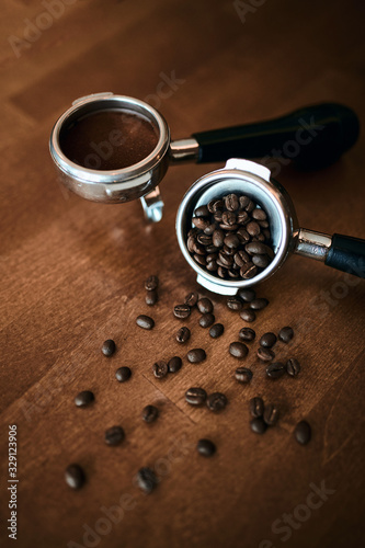 Espresso coffee extraction. Preparation of espresso.close up photo, close up photo