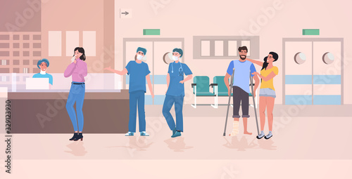 busy nurses station doctors and patients at hospital reception modern clinic hall interior consultation medical diagnosis healthcare concept horizontal full length vector illustration